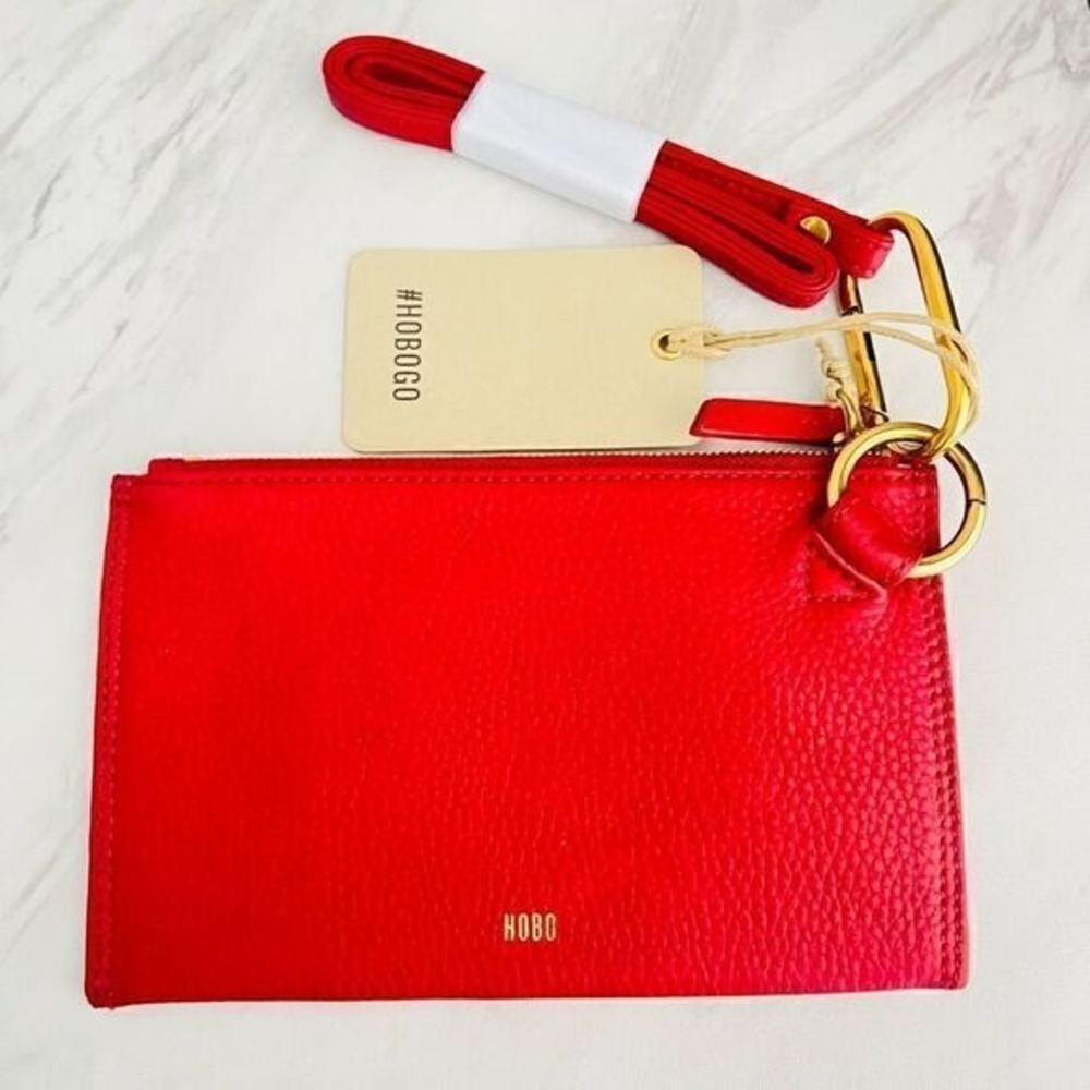 HOBO Tour Leather Zip Pouch Bag, Wristlet, with Lanyard, Red/Gold, NWT‎